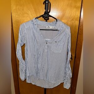 Hollister Women's Blue and White Striped Button Down Shirt